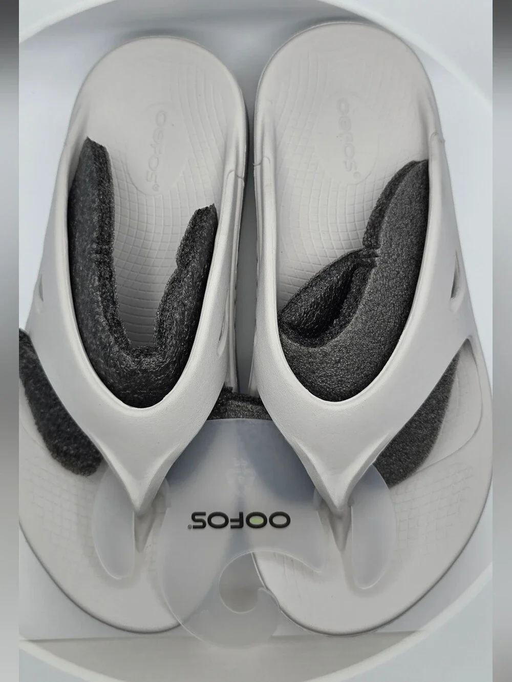 Oofos OOahh Slide Sandals in Light Gray with Dark Gray Footbed